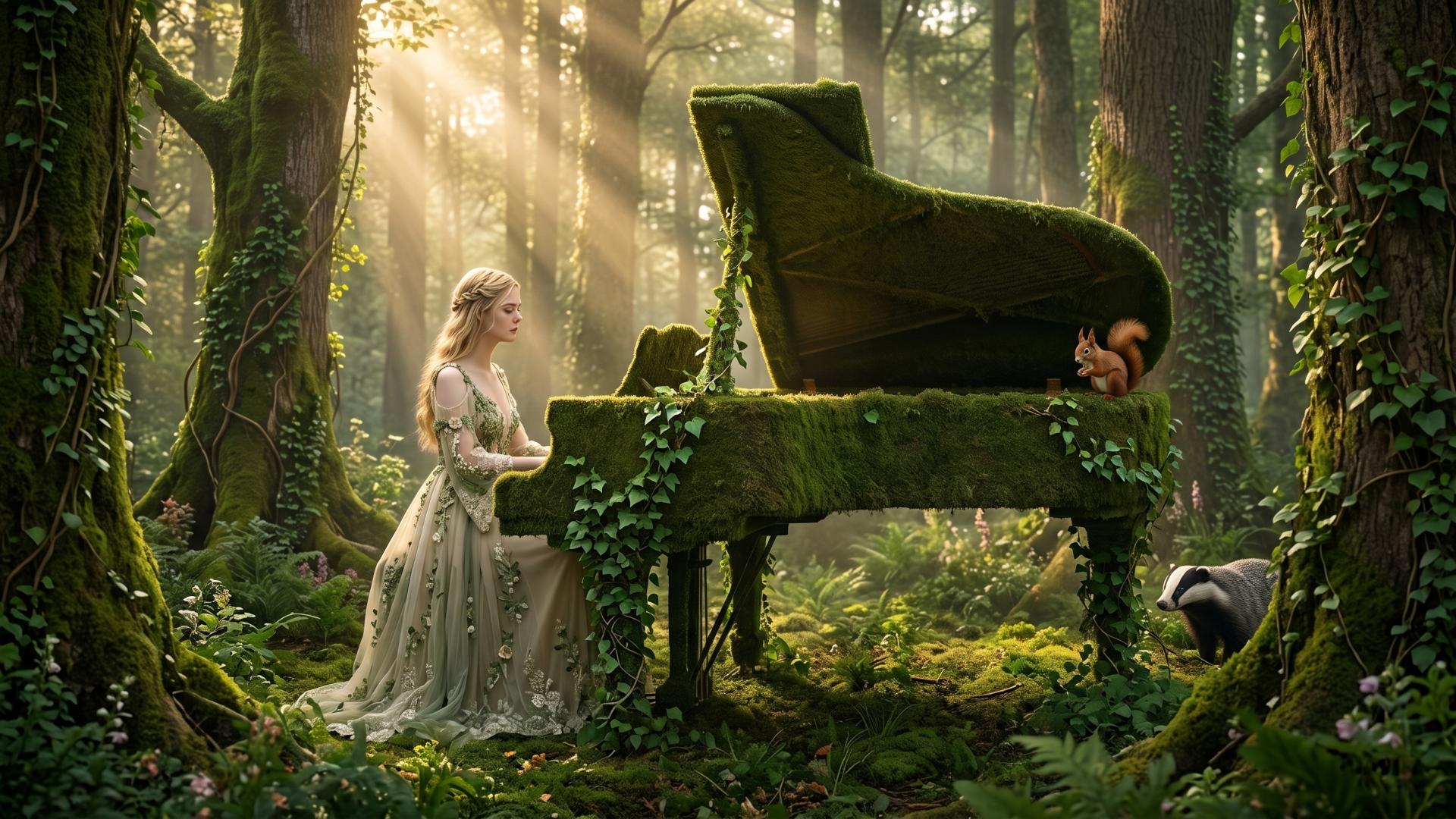Eine Fee spielt Piano im Märchenwald